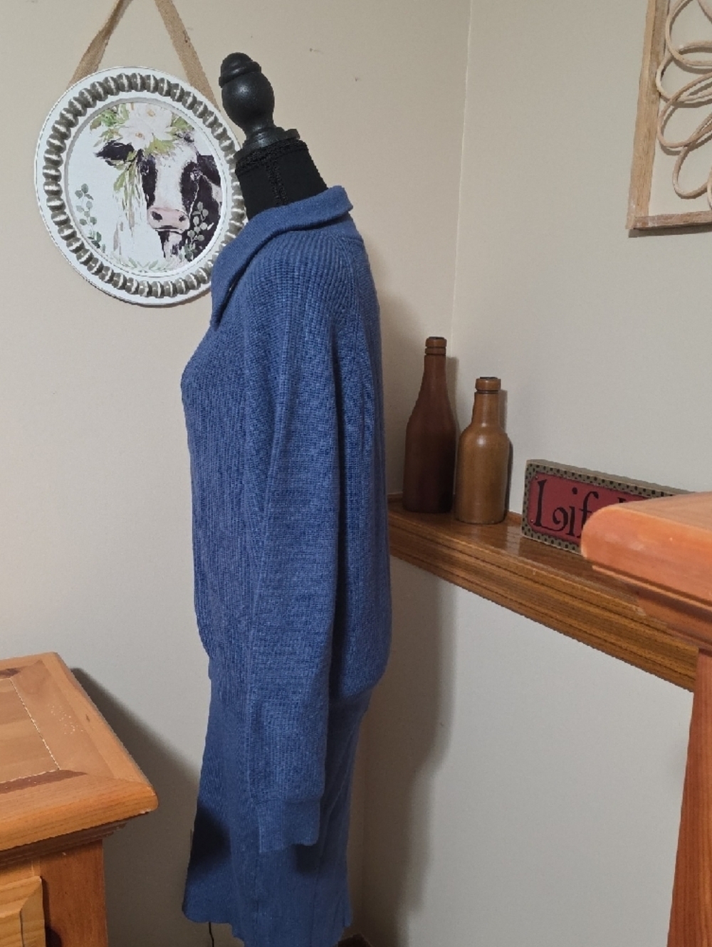 Blue Long-Sleeve Knit Dress with Zip Collar - Picture 5 of 10